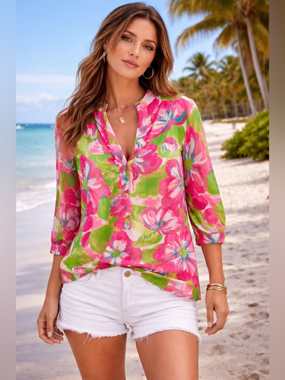 LILLY PULITZER 3/4 Sleeve Tropical Floral Blouse Tunic Pink Green 10